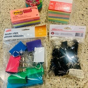 Various size, binder clips, and colorful Post-it notes